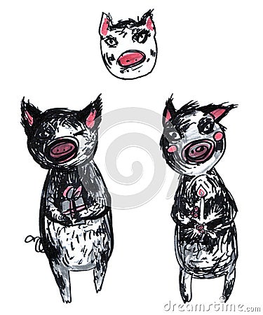 Marker hand drawn illustration of a cartoon character pig set isolated on white background black and white and pink colors with a Cartoon Illustration