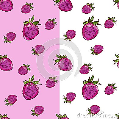 Marker Hand drawn isolated seamless pattern strawberry on white and pink background banner. Sketched food vector. Abstract Cartoon Illustration