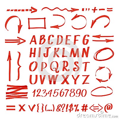 Marker hand written symbols. Vector pen line arrows and circles, letters numbers Vector Illustration