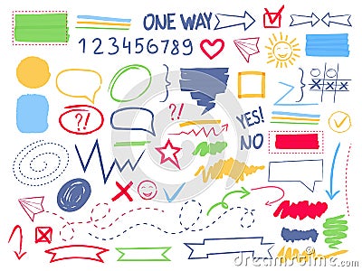 Marker highlight. Pen coloring scribble selection arrows frames and borders oval circle square vector shapes Vector Illustration