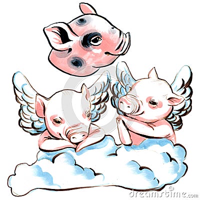 Marker illustration collection of mini pigs with wings on a cloud Cartoon Illustration