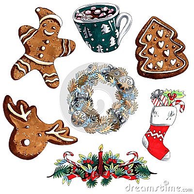 Marker illustration christmas set of wreath, gingerbread, gift sock isolated on white background for advertisement Cartoon Illustration