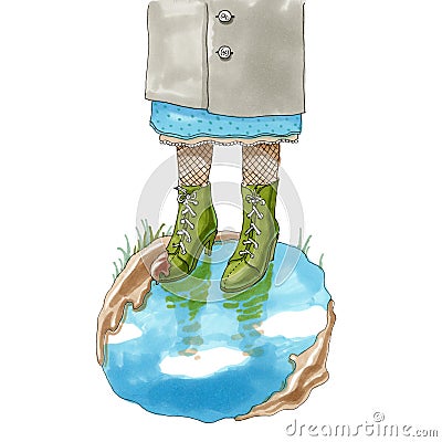 Marker illustration. Feet in the shoes standing in a puddle Cartoon Illustration