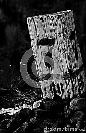 a marker made of white wooden pegs with the number 7 on a pile of stones Stock Photo