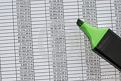 Marker over excel spreadsheet showing accounting data in swedish currency. Stock Photo
