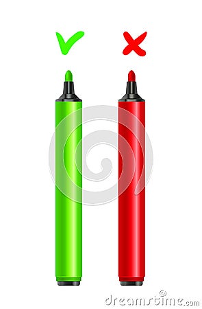 Marker pen with cross and check mark select. Vote choice signs checkbox Vector Illustration