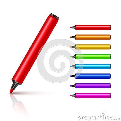 Marker pens, red, green, yellow, blue. Vector set colourful highlighters. Drawing pencil tool. Marker art highlighter. Vector Illustration