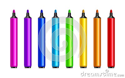Marker pens, red, green, yellow, purple, blue. Vector set colourful highlighters. Drawing pencil tool. Marker art highlighter Vector Illustration
