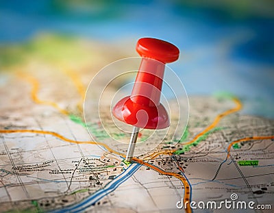 Marker pointing to a specific location on a map, representing geographic positioning and site identification Stock Photo