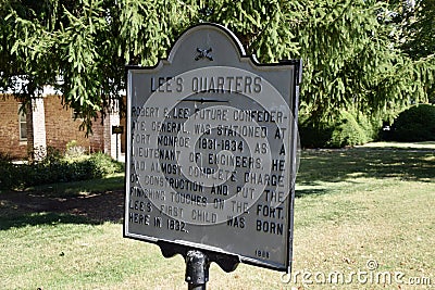 Marker for Robert E Lees quarters at Fort Monroe. 1888. Hampton VA, USA. October 4, 2019. Editorial Stock Photo