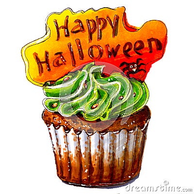 Marker sketch of Happy Halloween cupcake. Isolated. Stock Photo