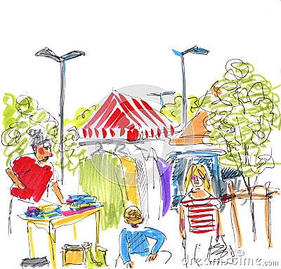 Marker street illustration, sketch, Flea market in Mainz, Germany Cartoon Illustration