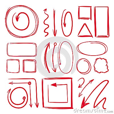 Marker, underlines and different doodle frames with arrows. Vector hand drawn collection Vector Illustration