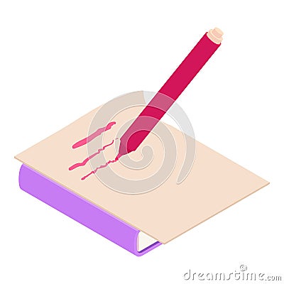 Marker writing icon isometric vector. Red marker write on paper sheet book icon Stock Photo