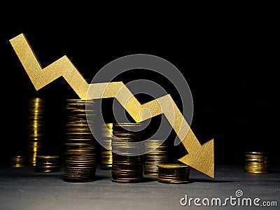 Market crisis. Falling arrow and money. Down of prices in a stock market Stock Photo