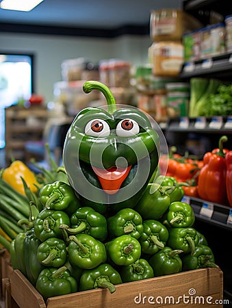 Market Delight: Joyful Green Pepper Grinning and Greeting Shoppers Stock Photo