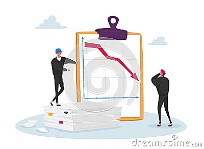 Market Drop, Fall and Depreciation Concept. Depressed Business Men Characters Look at Falling Down Red Arrow. Lose Money Vector Illustration