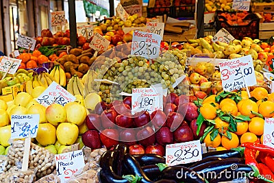 A market with fresh vegetables and fruit in boxes in Venice near the Rialto Bridge. Editorial Stock Photo