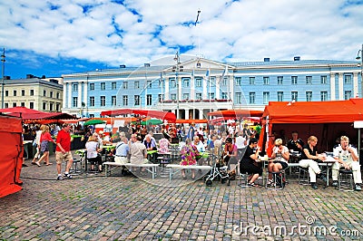 Market in front of the City Hall of Helsinki Editorial Stock Photo