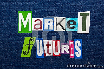 MARKET FUTURES text word collage, multi colored fabric on blue denim, commodities futures concept Stock Photo