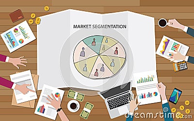 Market marketing segmentation with people group on segment circle team discuss Cartoon Illustration