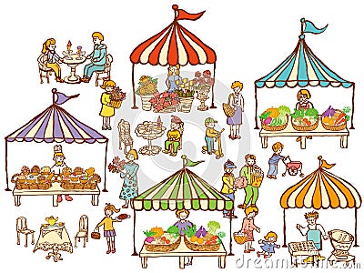 Market place with food and vegetables stands. Vector Illustration