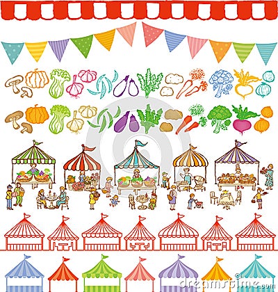 Market place illustrations and event tents frames. Vector Illustration