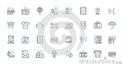 Market research linear icons set. Survey, Focus group, Data, Analysis, Target audience, Sampling, Insights line vector Vector Illustration