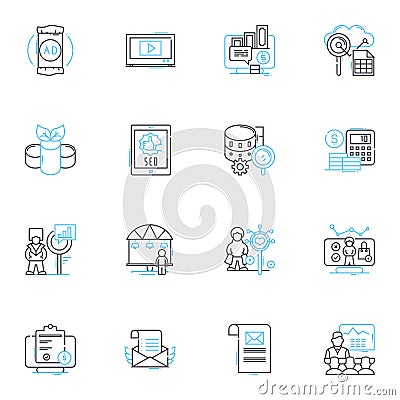 Market research linear icons set. Survey, Focus group, Data, Analysis, Target audience, Sampling, Insights line vector Vector Illustration