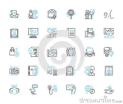 Market research linear icons set. Survey, Focus group, Data, Analysis, Target audience, Sampling, Insights line vector Vector Illustration