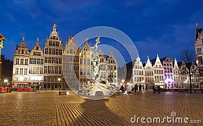 Market Square In Antwerp At Night Editorial Stock Photo