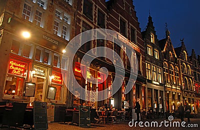 The Market Square in Brugge, Belgium at night Editorial Stock Photo