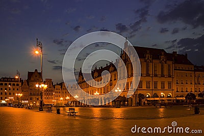 Market square in early morning or late evening in lantern magic light. Wroclaw. Poland Stock Photo