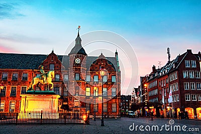 Market Square at night in Dusseldorf, Germany with illuminated Jan Wellem Statue Editorial Stock Photo