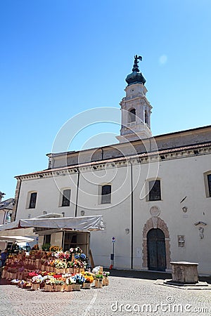 Market stall with flowers and steeple of church Belluno Cathedral in historic city of Belluno, Italy Editorial Stock Photo