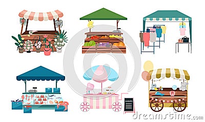 Market stalls flat vector illustrations set. Fair, funfair trade tents, outdoor kiosks and carts. Street shopping places cartoon Vector Illustration