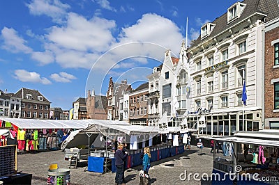 Market stalls and historic buildings, Den Bosch Editorial Stock Photo