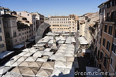 Market stalls tends, Piazza Campo de Fiori. Rome, Italy Editorial Stock Photo