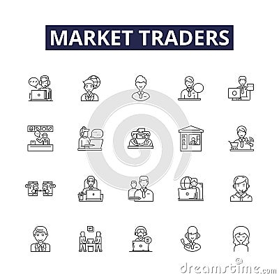 Market traders line vector icons and signs. market, vendors, retailers, dealers, stalls, hawkers, sellers,merchants Vector Illustration