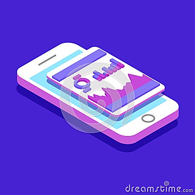 Market trend analysis on smartphone with graphs in isometric flat design style. Vector Illustration