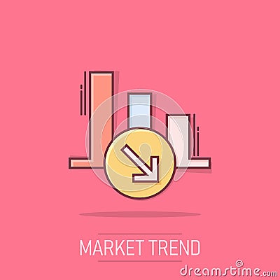 Market trend icon in comic style. Decline arrow with magnifier cartoon vector illustration on isolated background. Decrease splash Vector Illustration