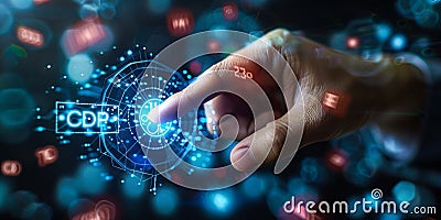 Marketer Interacting with a Customer Data Platform CDP Interface for Enhanced Data Unification and Marketing Stock Photo