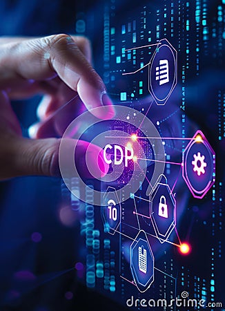 Marketer Interacting with a Customer Data Platform CDP Interface for Enhanced Data Unification and Marketing Stock Photo