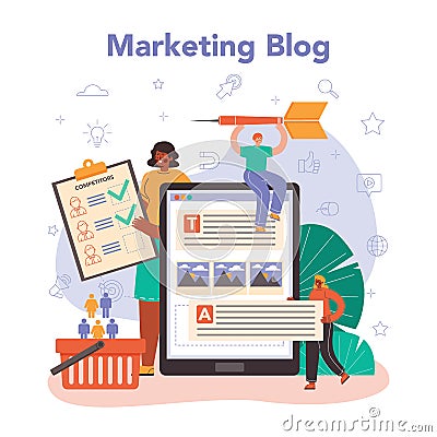 Marketer online service or platform. Brand or product advertising Vector Illustration