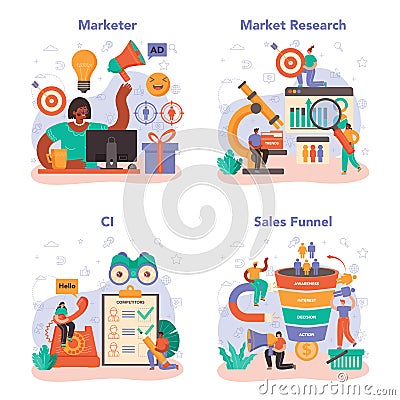 Marketer set. Brand or product advertising and promotion. Specialist developing Vector Illustration