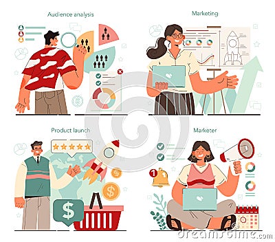 Marketer set. Brand or product launching and promotion. Specialist developing Vector Illustration