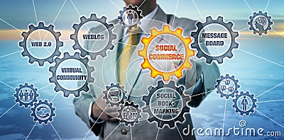 Marketer Touching Social Commerce Cogwheel Stock Photo