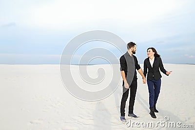 Marketers male and female rejoicing at start of vacation at se Stock Photo