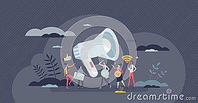Marketing activity with social media campaign for brand tiny person concept Vector Illustration