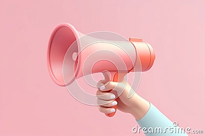 marketing announcement concept with hand holding megaphone loudspeaker with pink 3d style background, generative AI Cartoon Illustration